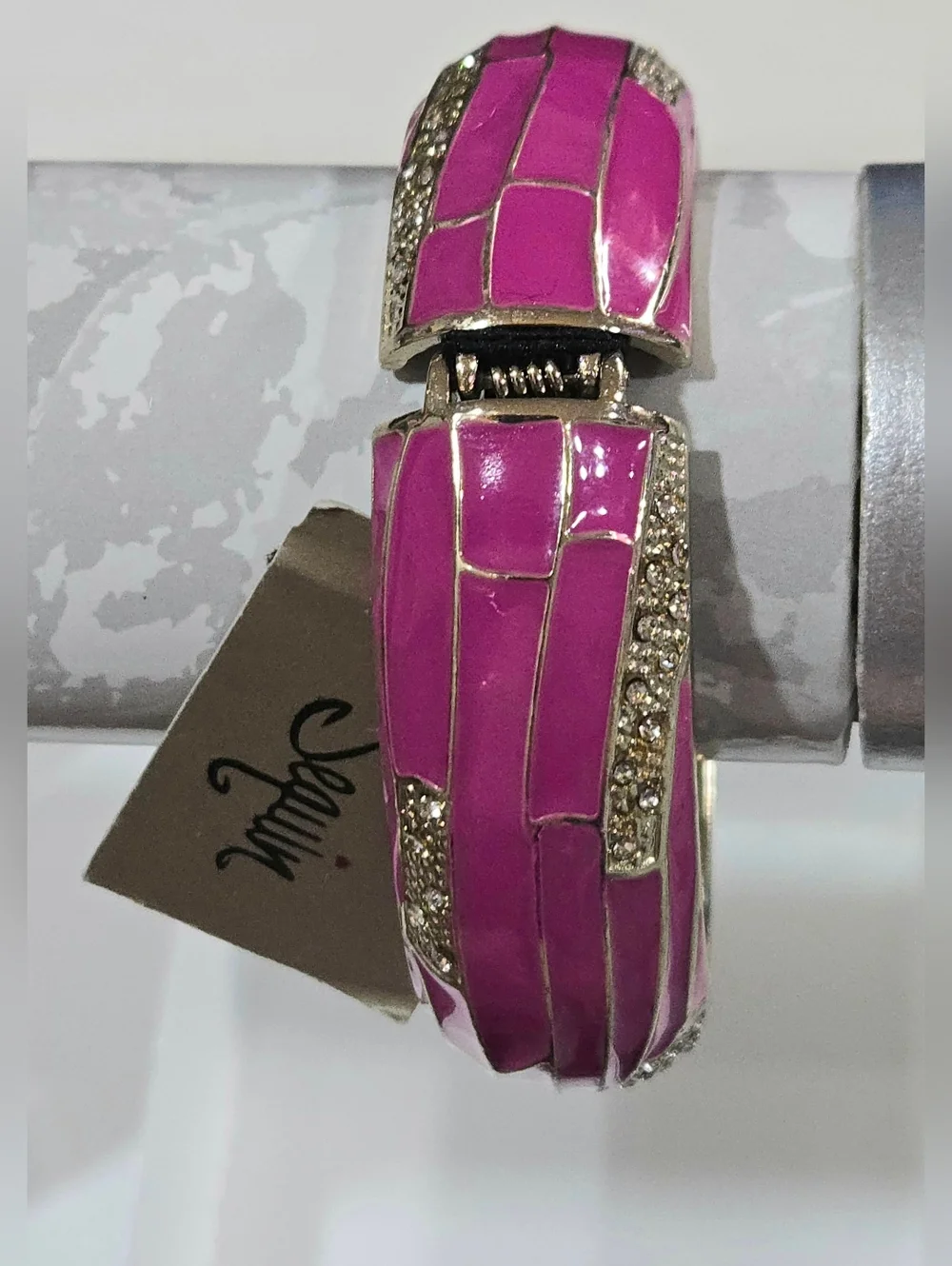 Nordstrom Sequin‎ NYC Pink Enamel & Sparkling Crystals Hinged Bangle NWT